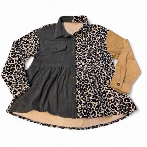 Babydoll Colorblock Corded Shacket Women’s Medium Jacket Leopard Boho Western